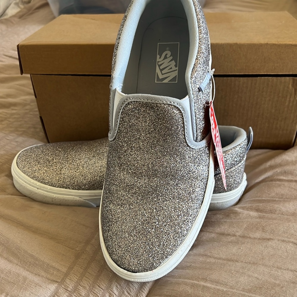 Brand new Asher silver glitter Vans. Ladies size 6.5, Big Kids Size 5